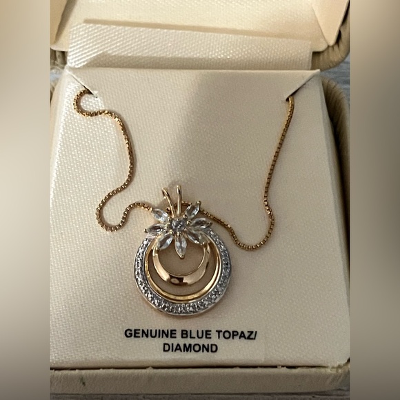 Vintage Sterling Silver 18k Plated Blue Topaz/Diamond Necklace IOB - Picture 2 of 7
